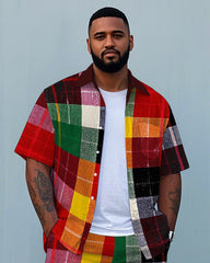 Big Men's Casual Splicing Colorful Plaid Style Short Sleeve Shirt and Shorts Set
