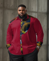 Men's Classic Casual Plus Size Red Colorblock Diamond Long Sleeve Lapel Shirt