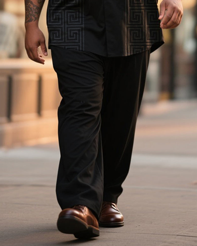 Big & Tall Men's Business Black Print Long Sleeve Shirt Trousers Suit