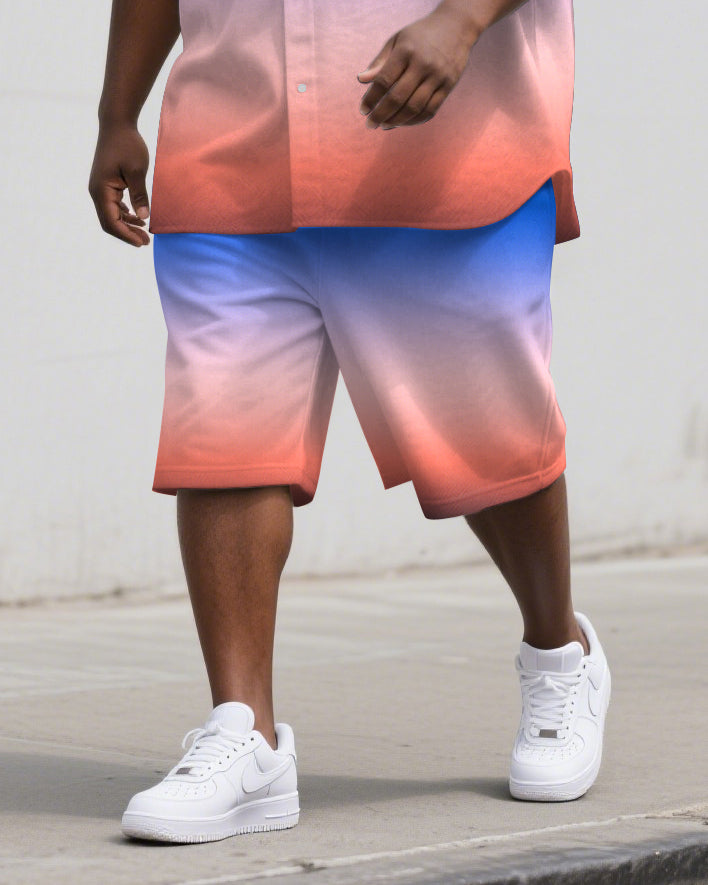 Men's Simple Sunset Gradient Effect Big and Tall 2-Piece Short Sleeve Shirt and Shorts Suit