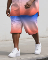 Men's Simple Sunset Gradient Effect Big and Tall 2-Piece Short Sleeve Shirt and Shorts Suit