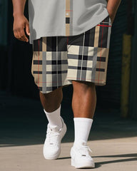 Men's Plus Size Casual Business Black Khaki Plaid Letter Print Shirt Shorts Suit