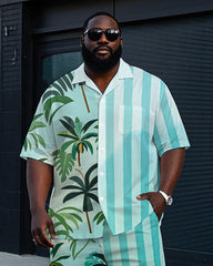 Big Men's Coconut Trees and Stripes Splicing Style Hawaiian Cuban Collar Short Sleeve Shirt Shorts Set
