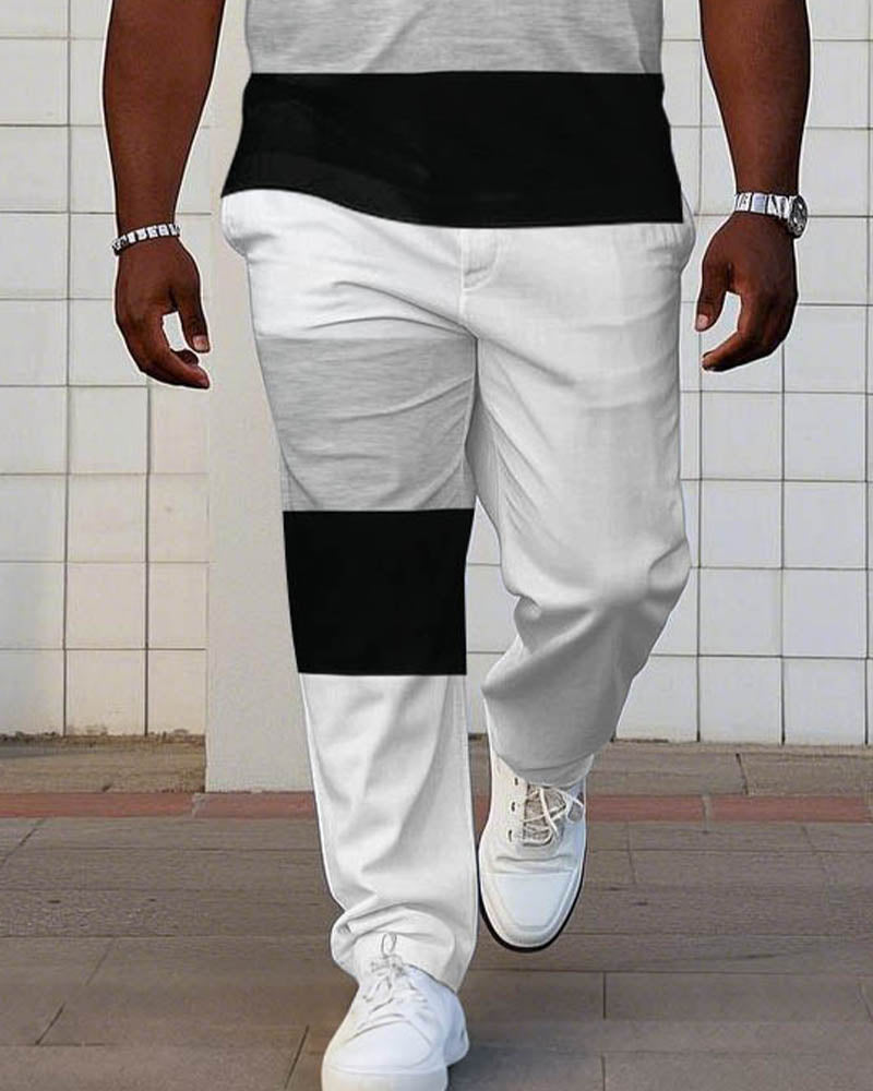 Black & White & Grey Classic Color-block Small Label Printed Short-sleeved POLO Trousers Suit Men's Plus Size