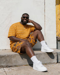 Big & Tall Men's Retro Style Yellow Tone Paisley POLO Letter Printed Round Neck Short Sleeve T-shirt Shorts Set
