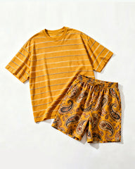 Big & Tall Men's Retro Style Yellow Tone Paisley POLO Letter Printed Round Neck Short Sleeve T-shirt Shorts Set