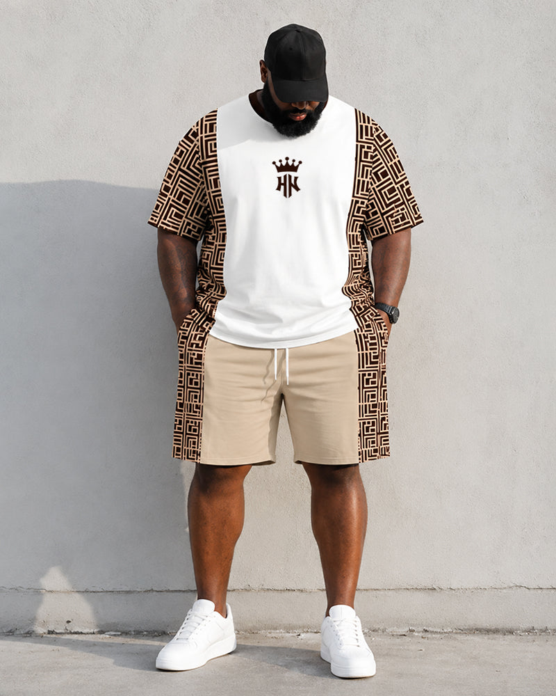 Big & Tall Men's Geometric Stitching Crown Print Round Neck Short Sleeve T-shirt Shorts Set