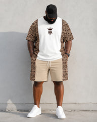 Big & Tall Men's Geometric Stitching Crown Print Round Neck Short Sleeve T-shirt Shorts Set