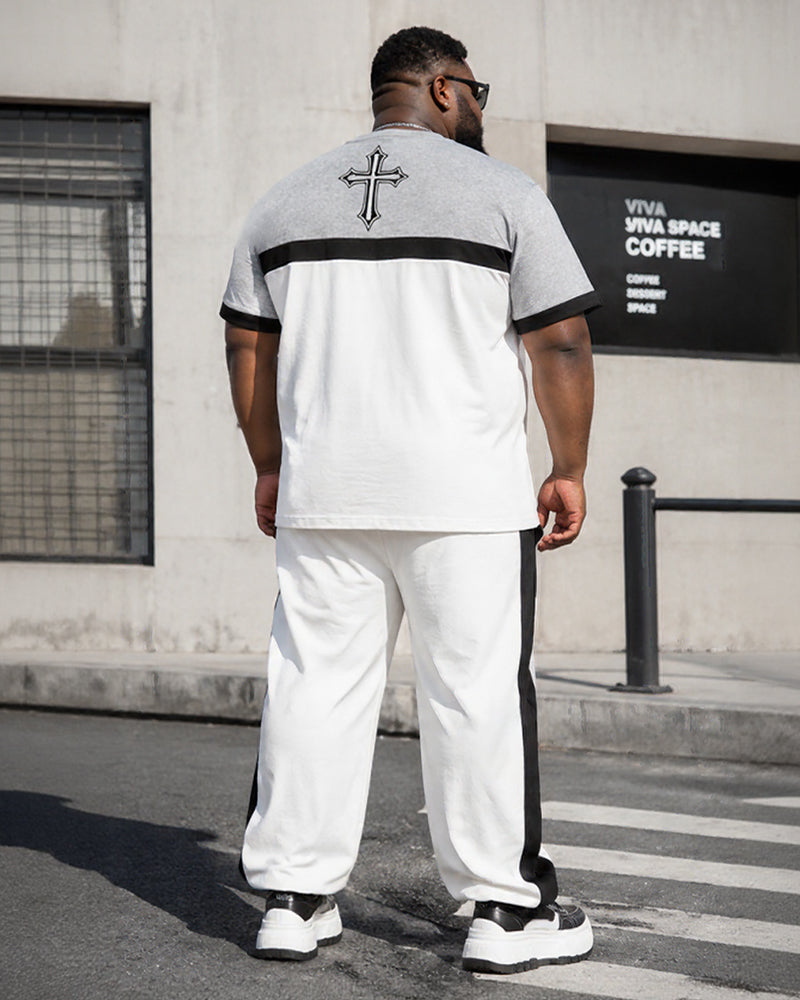 Big & Tall Men's Grey-White Black Colorblock Printed T-Shirt Pants Set
