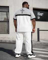 Big & Tall Men's Grey-White Black Colorblock Printed T-Shirt Pants Set