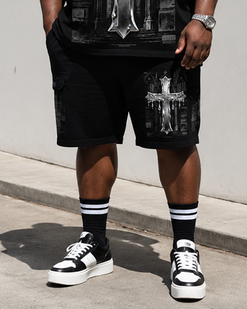 Big & Tall Men's Church Metal Drip Cross Vintage Printed Crewneck Short Sleeve T-Shirt Shorts Set
