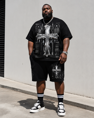 Big & Tall Men's Church Metal Drip Cross Vintage Printed Crewneck Short Sleeve T-Shirt Shorts Set