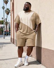 Big & Tall Men's Earth Color Stitching POLO Letter Printing Round Neck Short Sleeve T-shirt Shorts Set