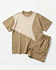 Big & Tall Men's Earth Color Stitching POLO Letter Printing Round Neck Short Sleeve T-shirt Shorts Set