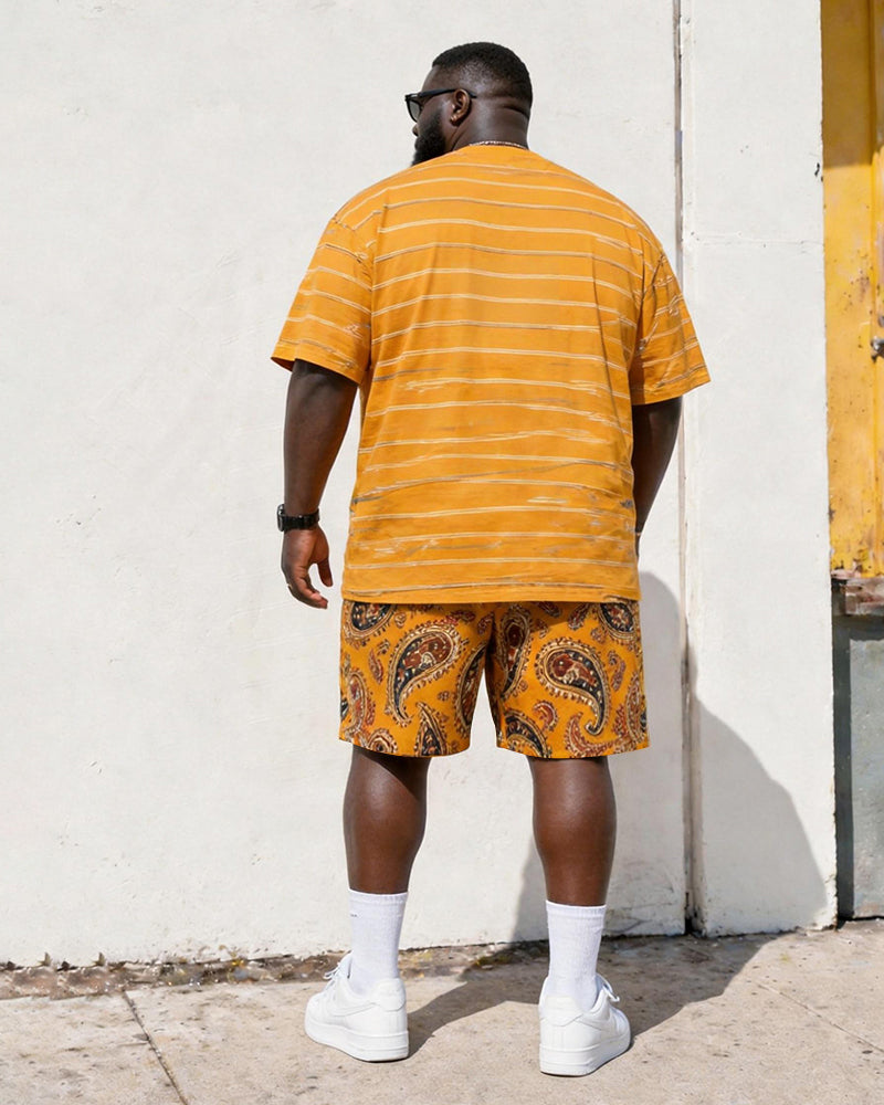 Big & Tall Men's Retro Style Yellow Tone Paisley POLO Letter Printed Round Neck Short Sleeve T-shirt Shorts Set