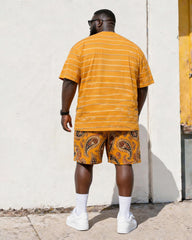 Big & Tall Men's Retro Style Yellow Tone Paisley POLO Letter Printed Round Neck Short Sleeve T-shirt Shorts Set