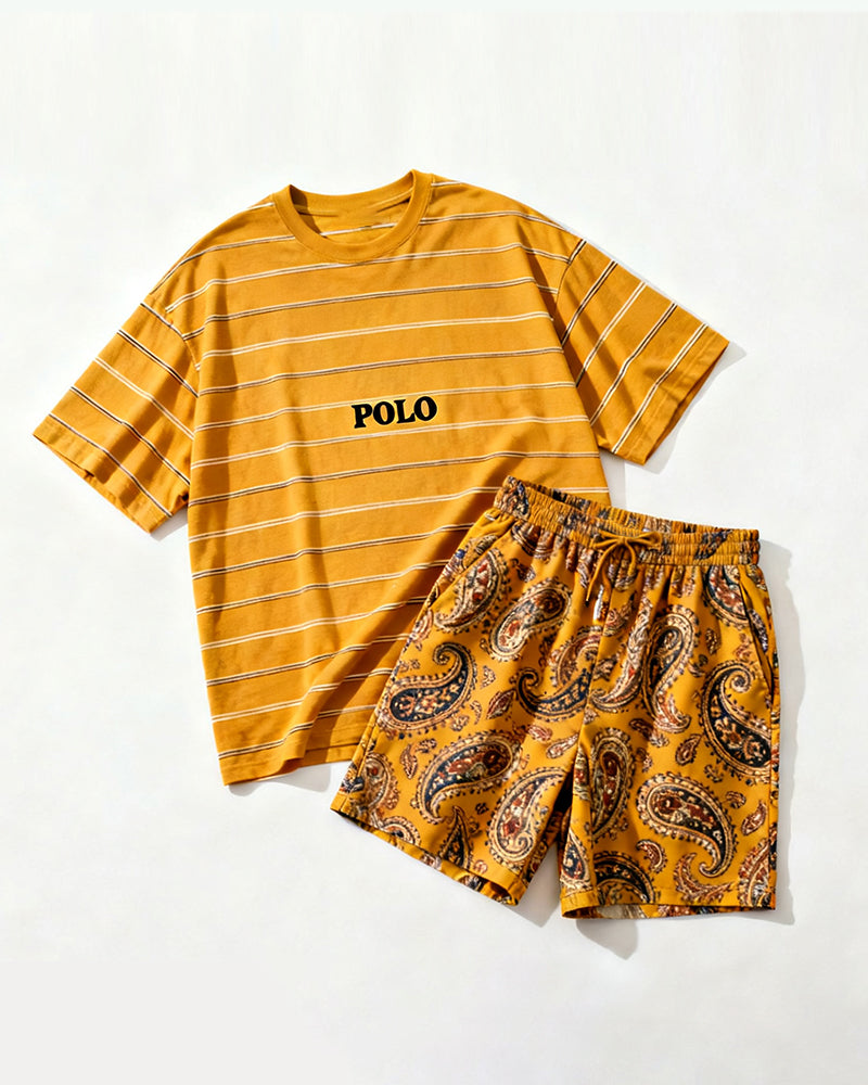 Big & Tall Men's Retro Style Yellow Tone Paisley POLO Letter Printed Round Neck Short Sleeve T-shirt Shorts Set