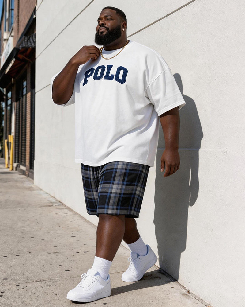 Big & Tall Men's Vintage Plaid POLO Alphabet Print Round Neck Short Sleeve T-Shirt Shorts Set