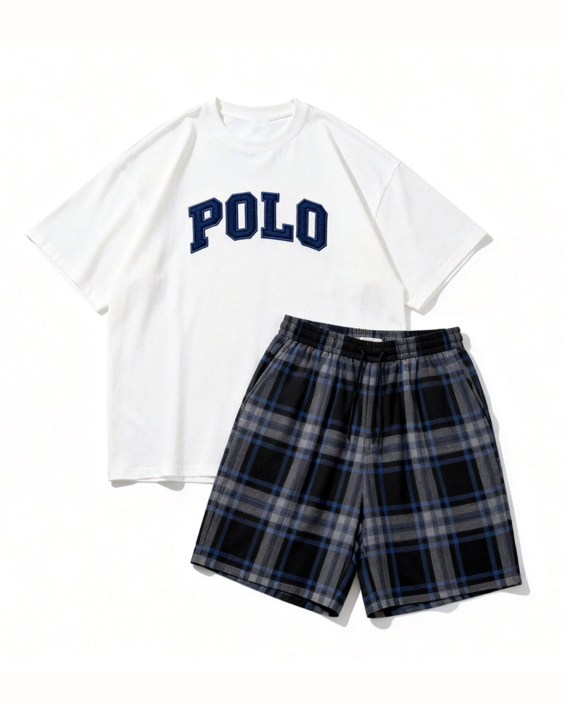 Big & Tall Men's Vintage Plaid POLO Alphabet Print Round Neck Short Sleeve T-Shirt Shorts Set