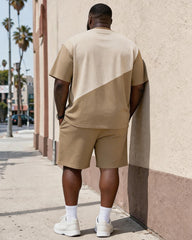 Big & Tall Men's Earth Color Stitching POLO Letter Printing Round Neck Short Sleeve T-shirt Shorts Set