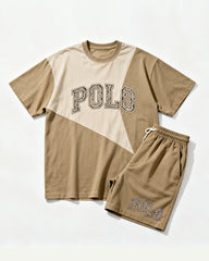 Big & Tall Men's Earth Color Stitching POLO Letter Printing Round Neck Short Sleeve T-shirt Shorts Set