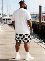 Big & Tall Men's Hawaiian Coconut Tree Sunset Print Round Neck Short Sleeve T-Shirt Shorts Set
