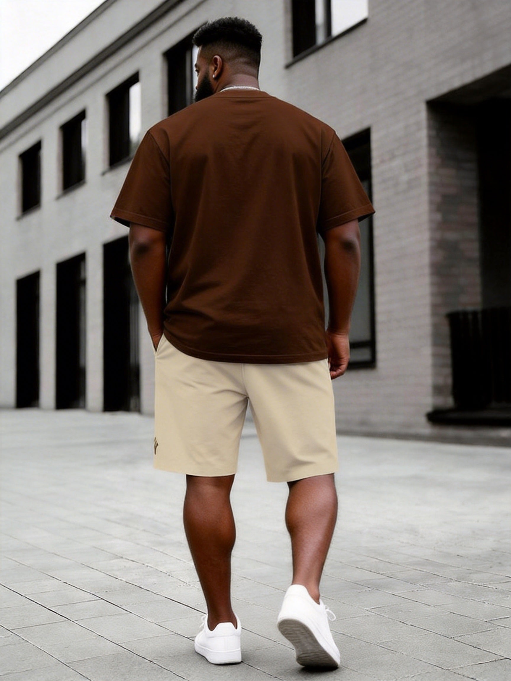 Big & Tall Men's Dark Brown Letter Print Round Neck Short Sleeve T-Shirt Shorts Set