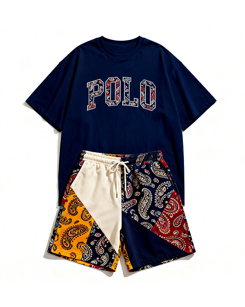 Big & Tall Men's Cashew Flower Stitching POLO Letter Printed Round Neck Short Sleeve T-Shirt Shorts Set