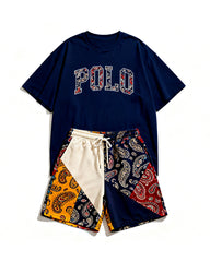 Big & Tall Men's Cashew Flower Stitching POLO Letter Printed Round Neck Short Sleeve T-Shirt Shorts Set
