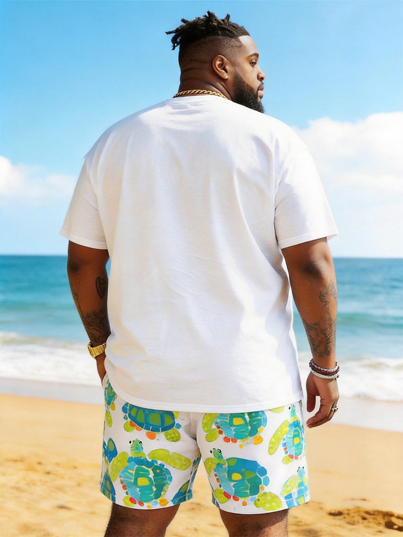 Big & Tall Men's Childish Turtle Print Round Neck Short Sleeve T-Shirt Shorts Set