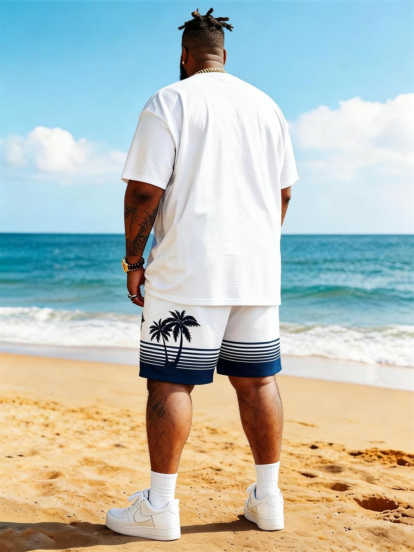 Big & Tall Men's Simple Coconut Stripe Print Round Neck Short Sleeve T-Shirt Shorts Set