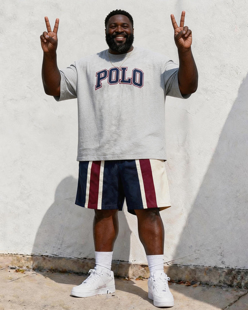 Big & Tall Men's Retro Striped POLO Letter Printed Round Neck Short Sleeve T-shirt Shorts Set