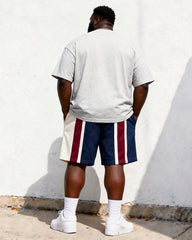 Big & Tall Men's Retro Striped POLO Letter Printed Round Neck Short Sleeve T-shirt Shorts Set