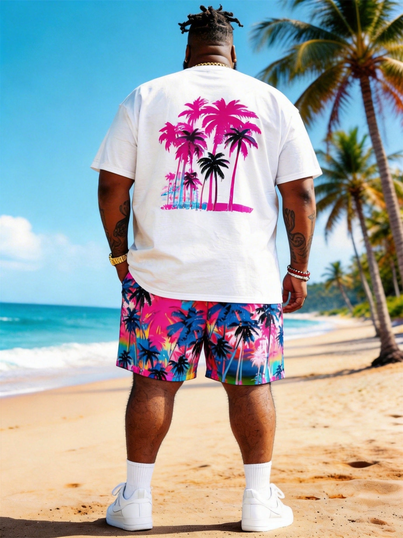 Big & Tall Men's White Powder Coconut Print Round Neck Short Sleeve T-Shirt Shorts Set