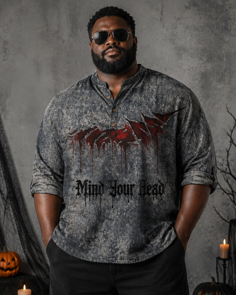 Big & Tall Men's Tear Claw Mark Mind Your Head Printed Collar Long Sleeve Shirt
