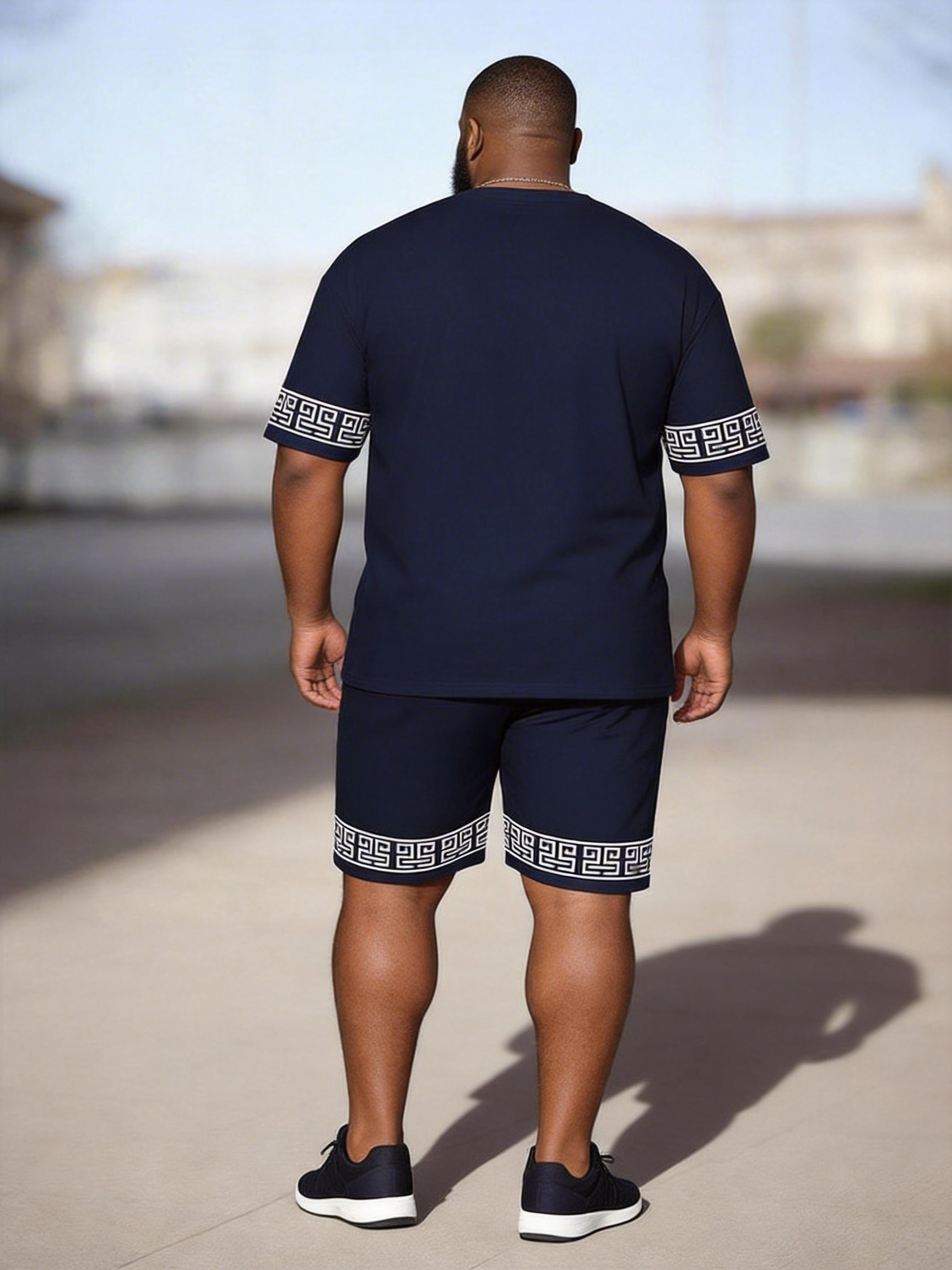 Big & Tall Men's Tibetan Lion Head Greek Print Crew Neck Short Sleeve T-shirt Shorts Set