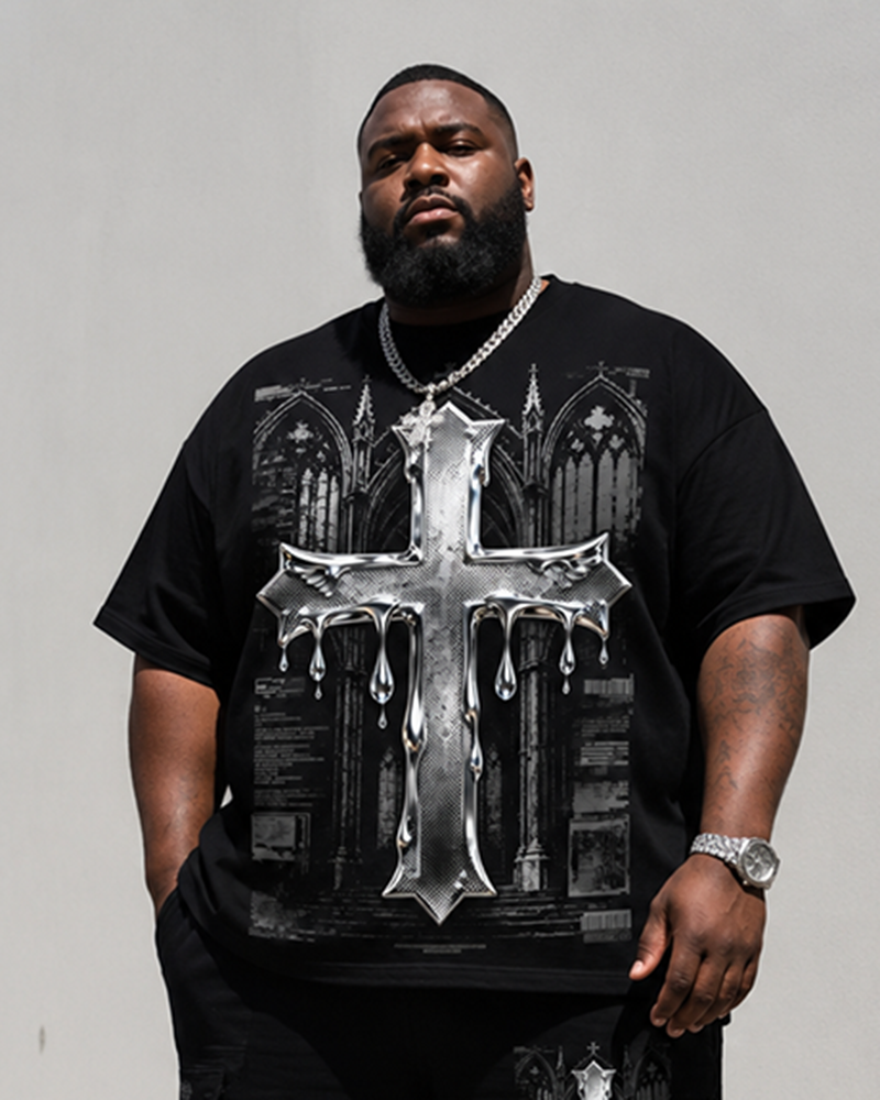 Big & Tall Men's Church Metal Drip Cross Vintage Printed Crewneck Short Sleeve T-Shirt Shorts Set