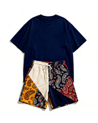 Big & Tall Men's Cashew Flower Stitching POLO Letter Printed Round Neck Short Sleeve T-Shirt Shorts Set