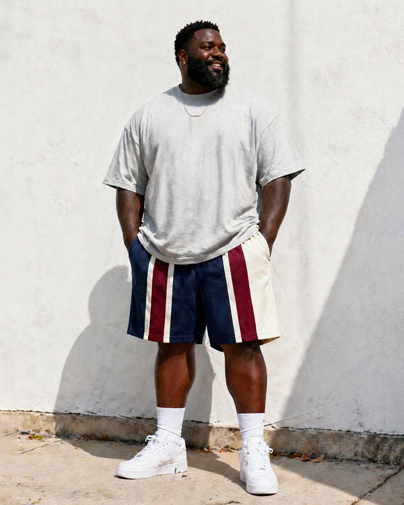 Big & Tall Men's Retro Striped POLO Letter Printed Round Neck Short Sleeve T-shirt Shorts Set