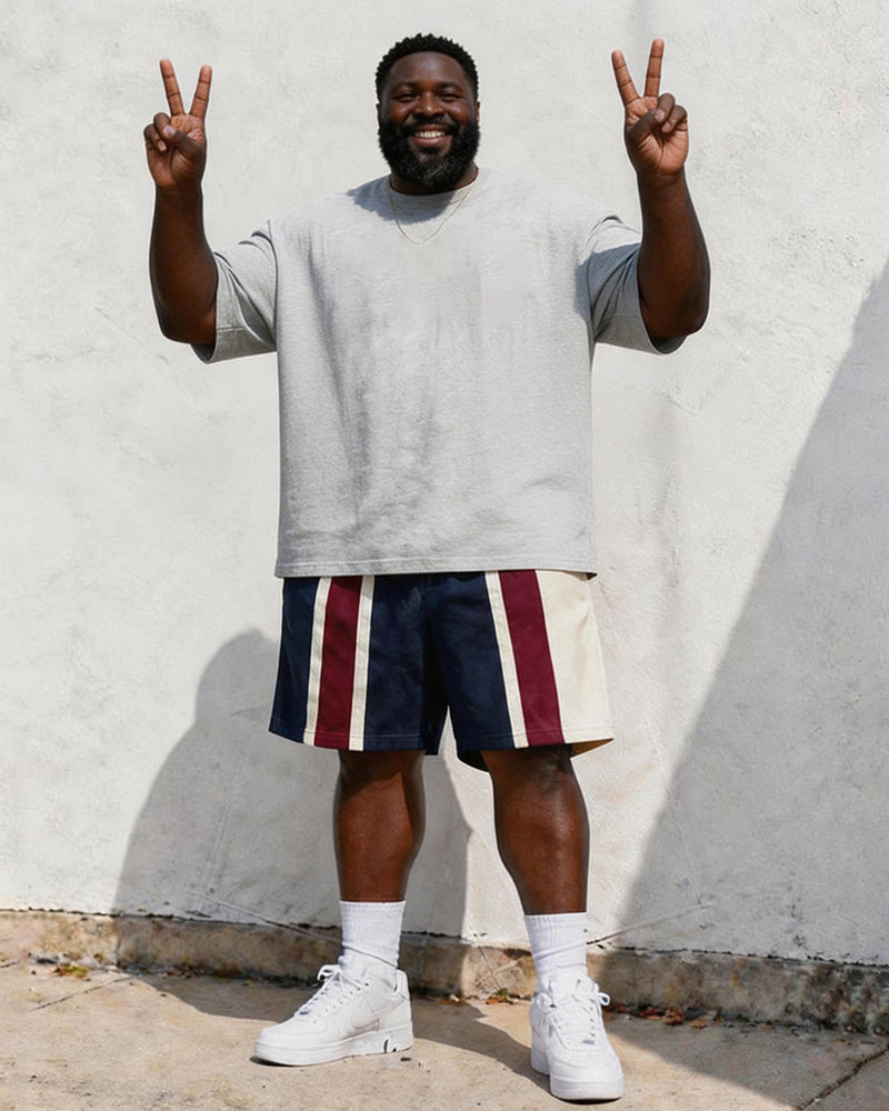 Big & Tall Men's Retro Striped POLO Letter Printed Round Neck Short Sleeve T-shirt Shorts Set