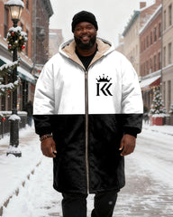 Big & Tall Men's Black And White Bump Color With Crown Letter Printed Velvet Padded Long Hooded Coat