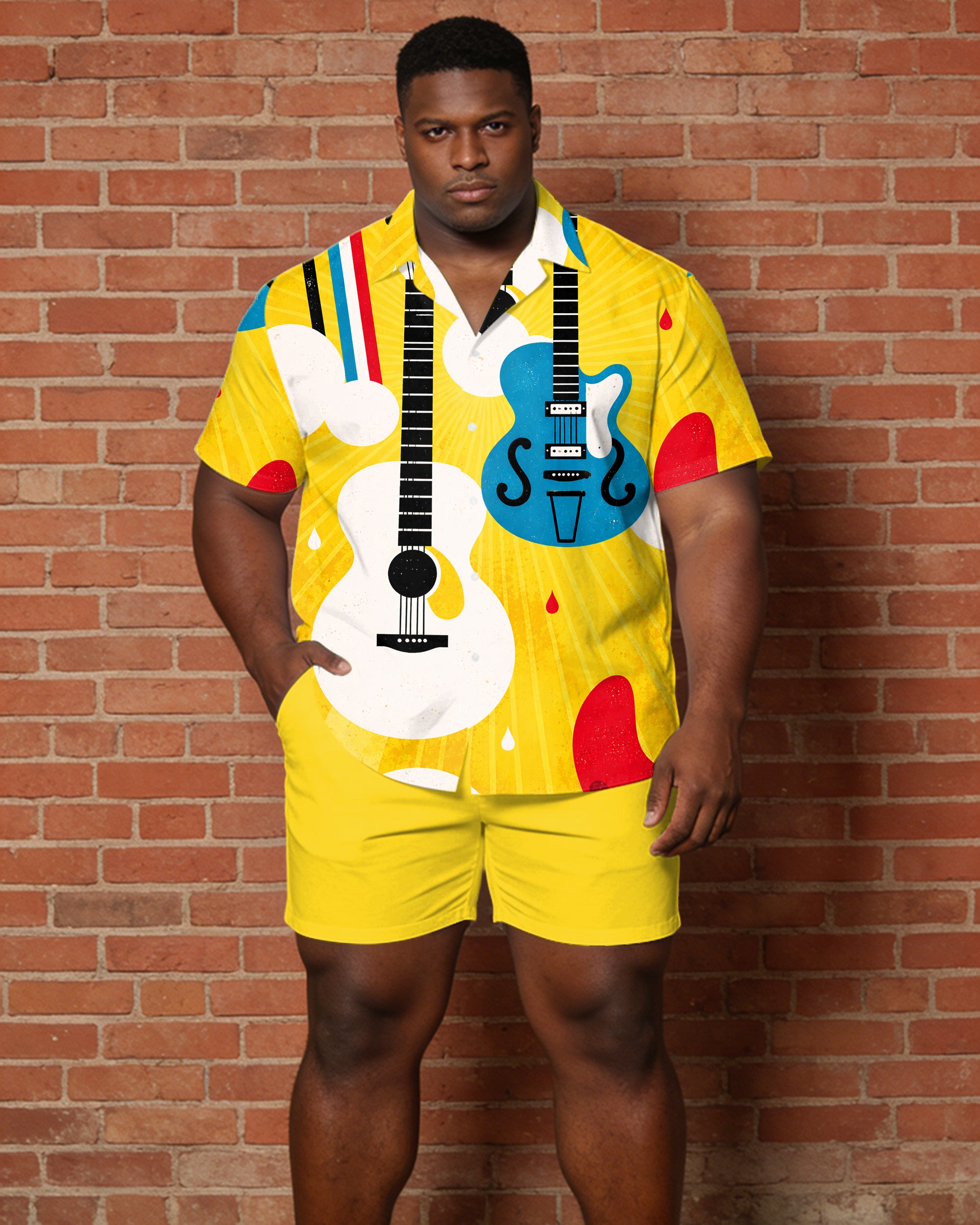 Big & Tall Men's Music Pattern Printed Yellow Short Sleeve Shirt Shorts Set