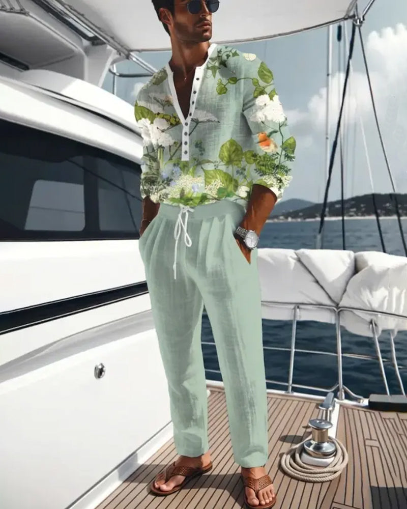 S-3XL Button Henley Shirt Drawstring Pants Two-Piece Set