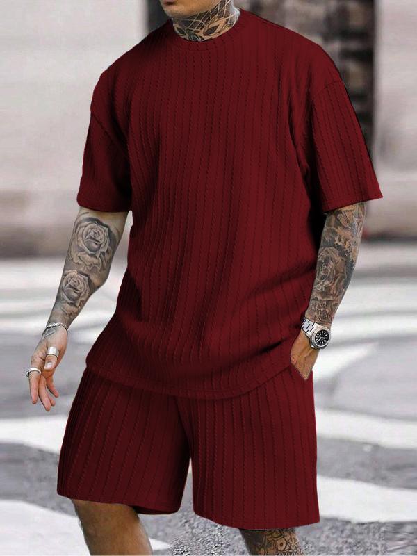 6XL–8XL Vertical-Striped T-shirt and Shorts, Summer Two-Piece Set