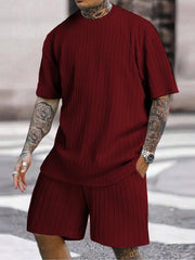 6XL–8XL Vertical-Striped T-shirt and Shorts, Summer Two-Piece Set