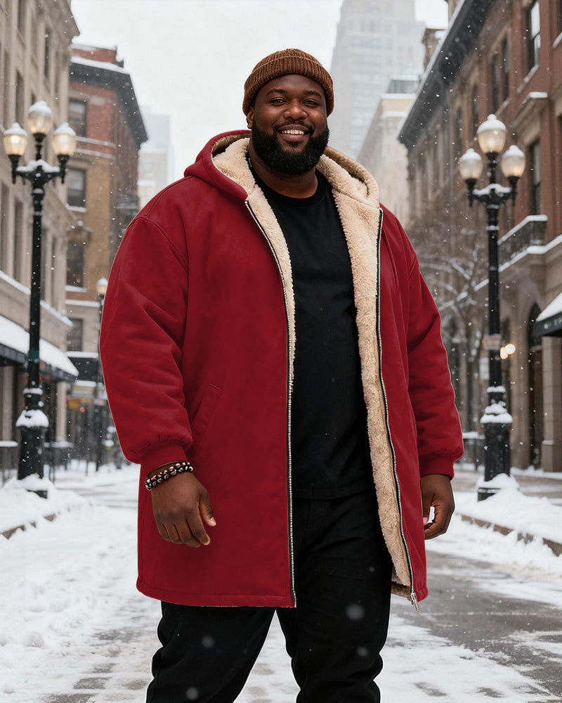 Big & Tall Men's Solid Color Velvet Thickened Long Hooded Coat