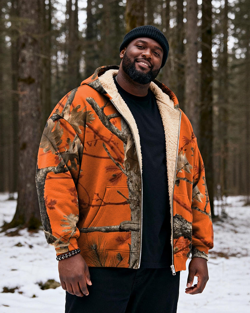 Big & Tall Men's Hunting Wind Orange Bottom Branch Print Velvet Thickened Zipper Cardigan Hoodie