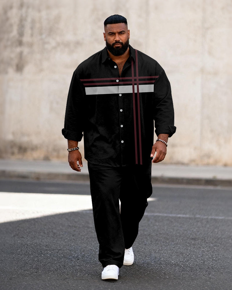 Big & Tall Men's Business Colorblock Striped Print Long Sleeve Shirt Pants Set