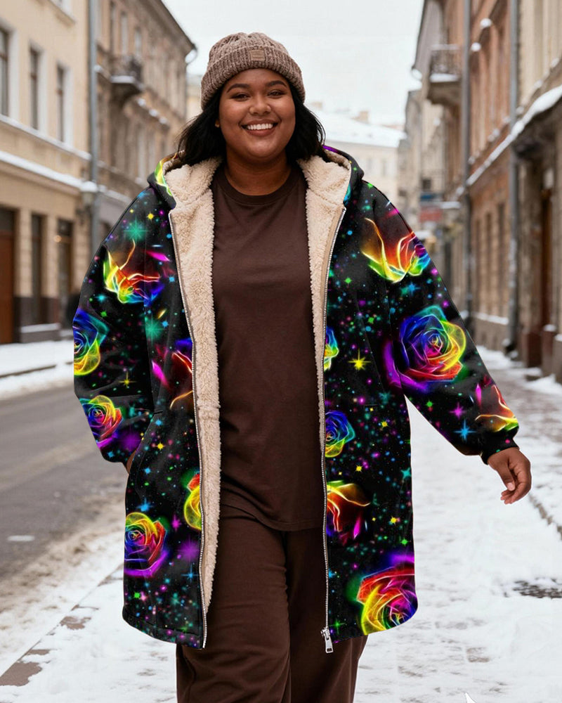Women's Black-bottom Rainbow Rose Starry-print Velvet Thickened Long Hooded Coat