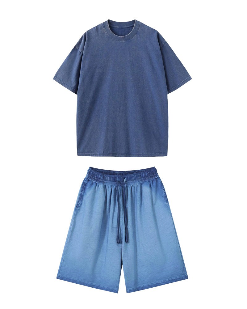 S-5XL Men's Cotton Batik Washed Old Loose T-shirt Shorts Set